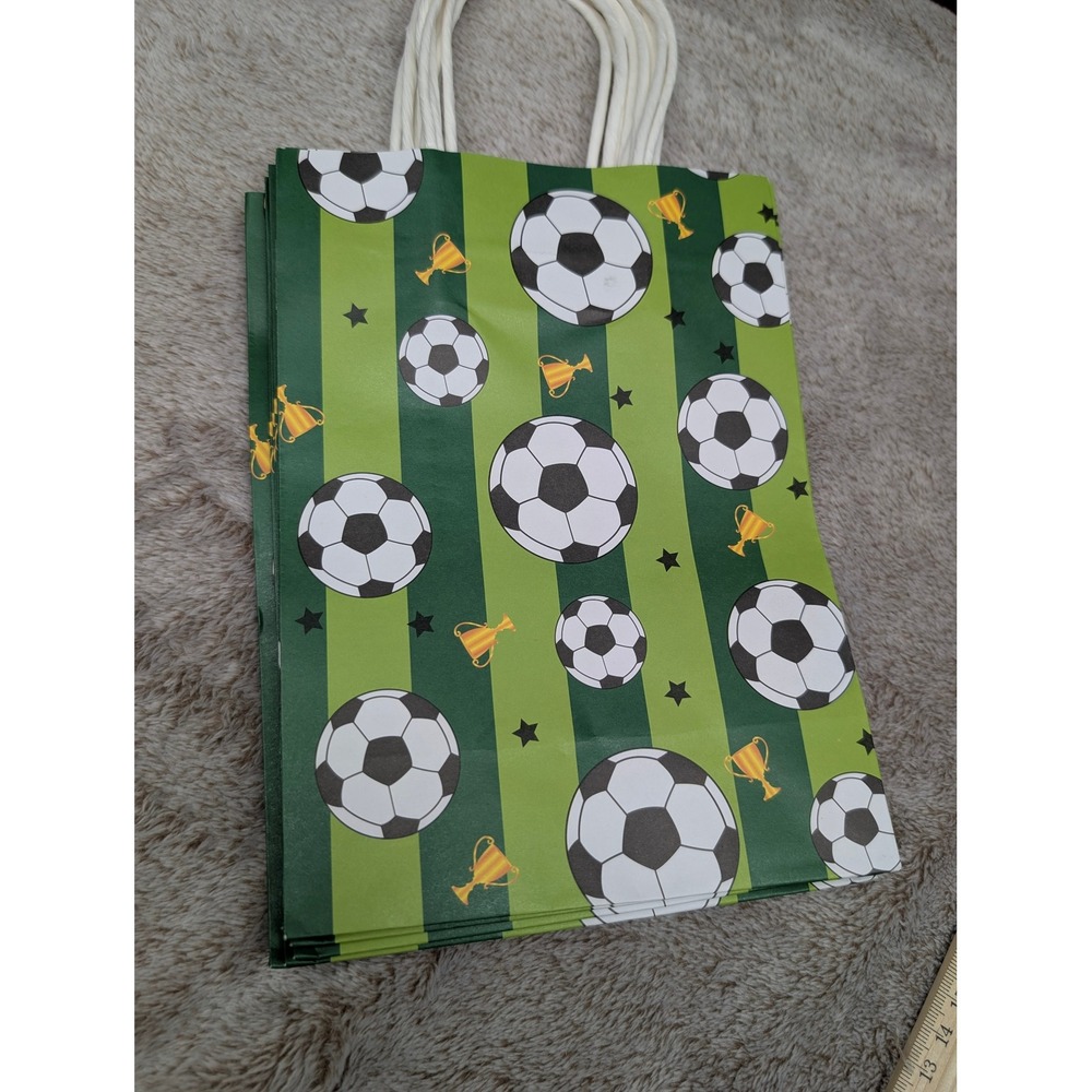 Set of 6 Soccer Ball Trophy Green Paper Party Favor Gift Bags with Handles